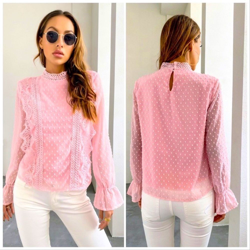 NWT! SWISS DOT GUIPURE LACE PANEL FLOUNCE SLEEVE BLOUSE IN BABY PINK!